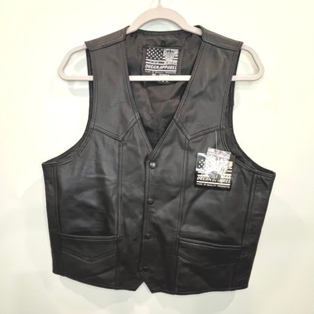 Bikers Dream Apparel Mens Black Leather Cut Biker Vest Size 42 NWT Streetwear